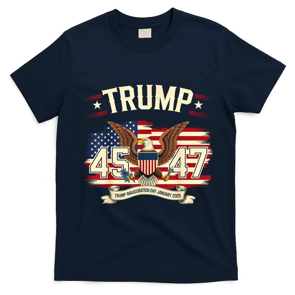 President Donald Trump Inauguration Day 2025 Memorabilia America Flag Design T-Shirt - Navy Blue