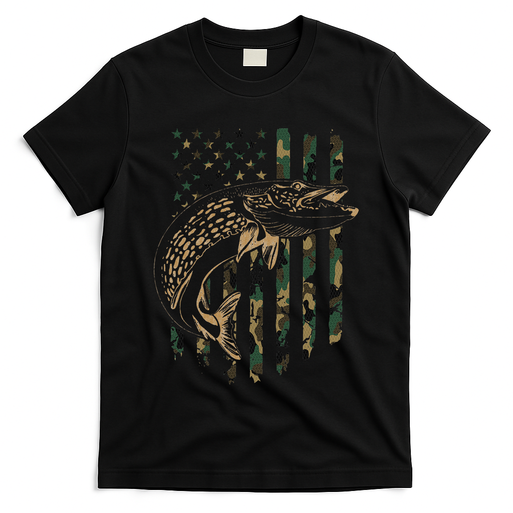Pike Fishing American Flag Camouflage Muskie Fishing Camo T-Shirt