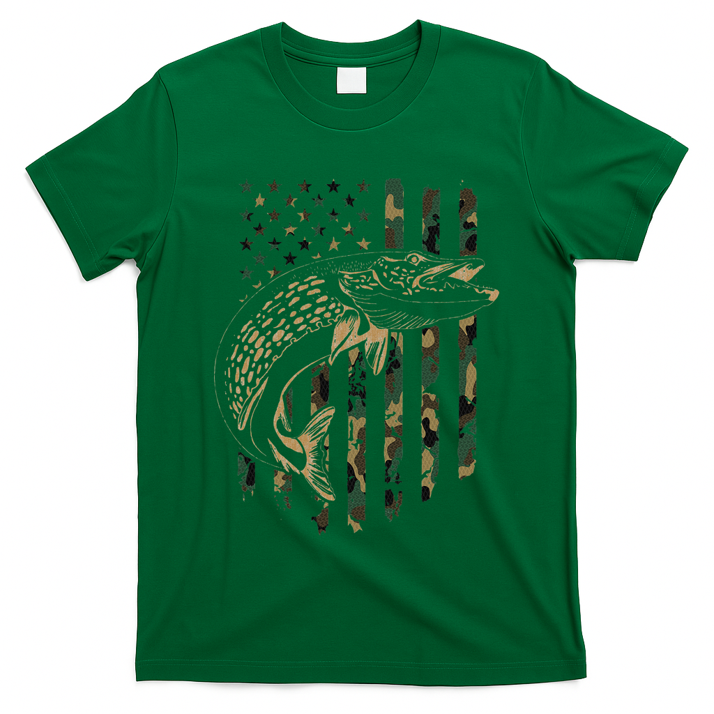 Pike Fishing American Flag Camouflage Muskie Fishing Camo T-Shirt