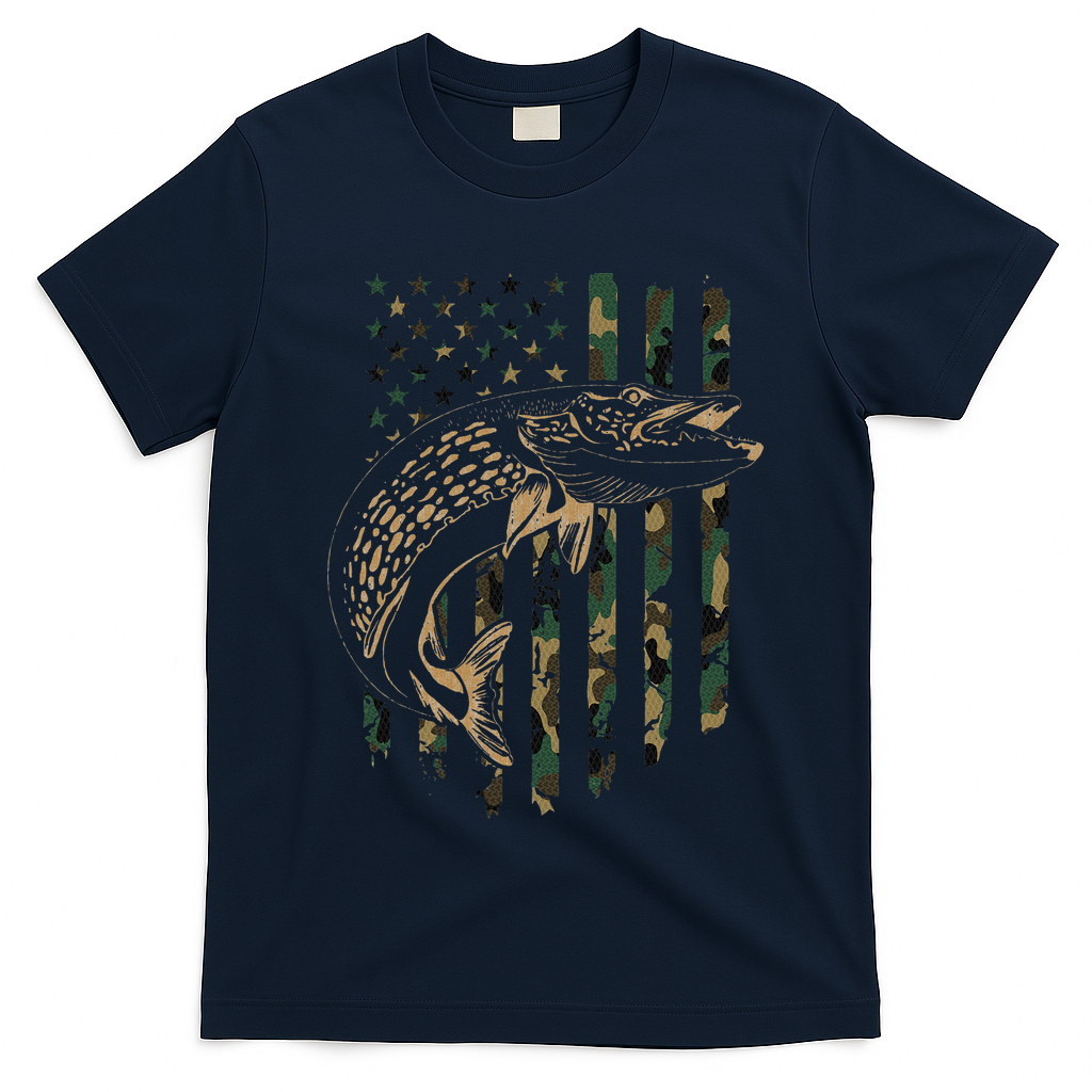 Pike Fishing American Flag Camouflage Muskie Fishing Camo T-Shirt
