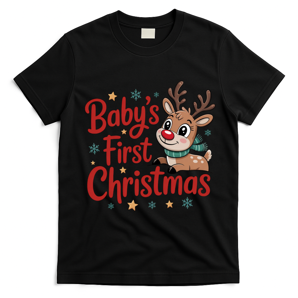Personalized First Christmas Custom Name Text T-Shirt - Black