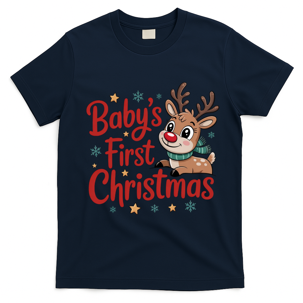 Personalized First Christmas Custom Name Text T-Shirt - Navy Blue