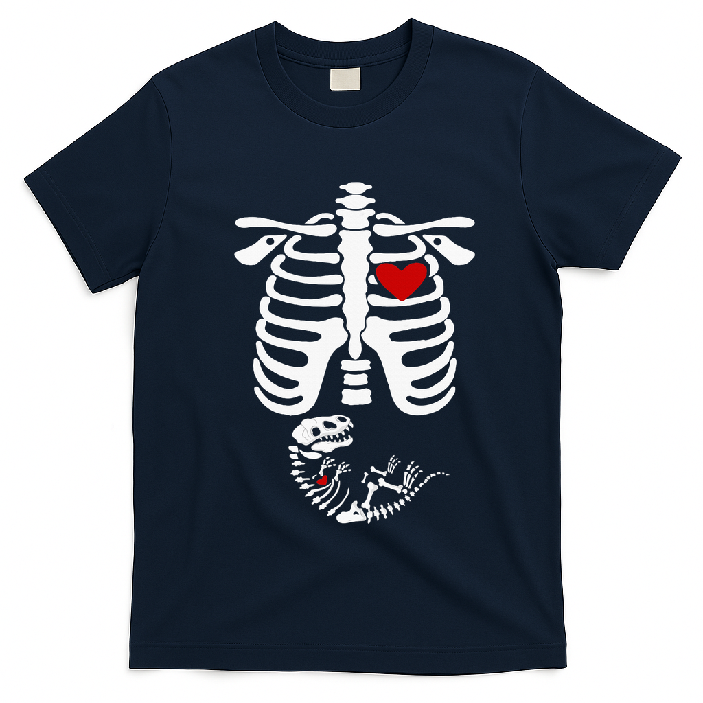 Pregnant Halloween Costume Dinosaur Skeleton Pregnant Mom T-Shirt - Navy Blue