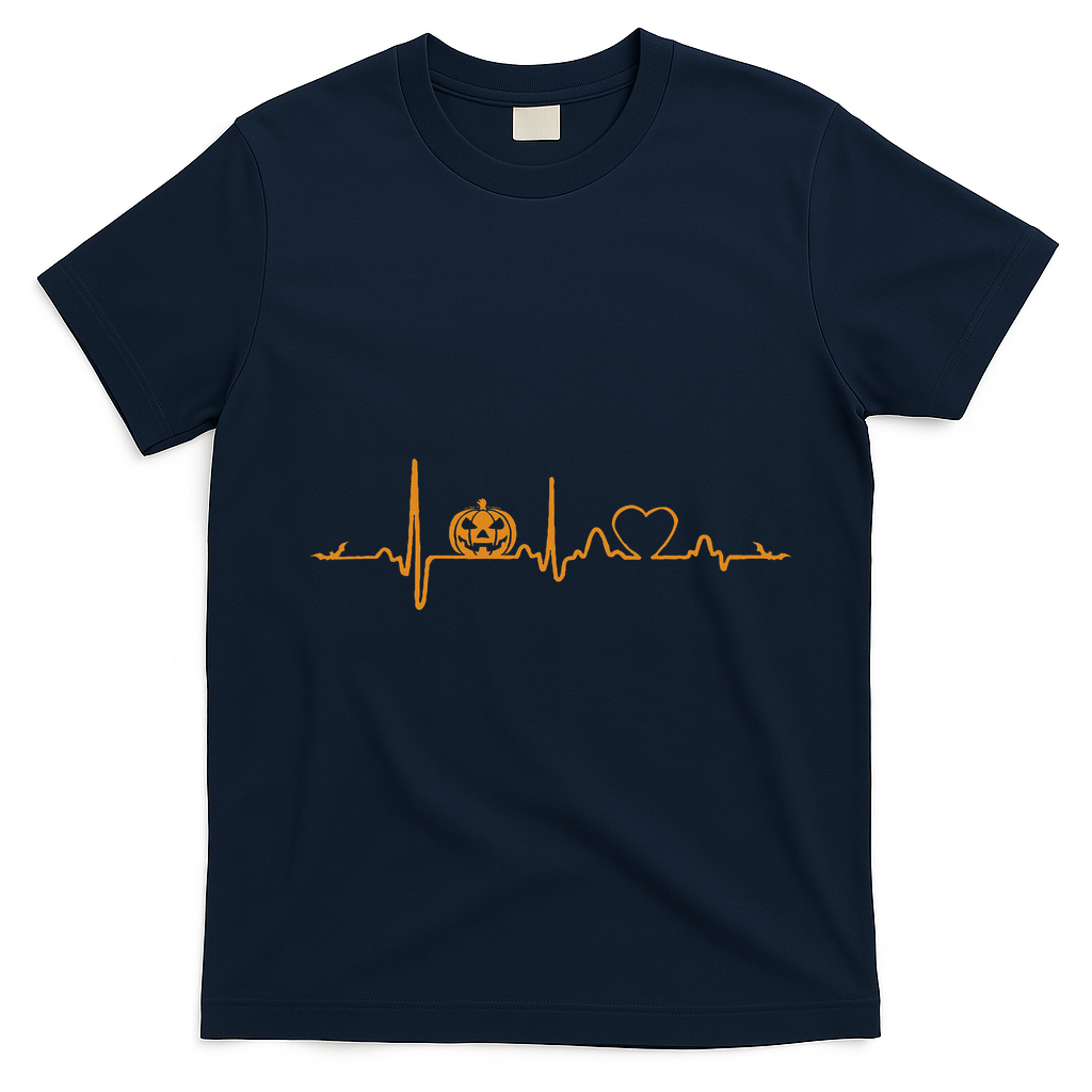 Pumpkin Heartbeat Halloween T-Shirt - Navy Blue