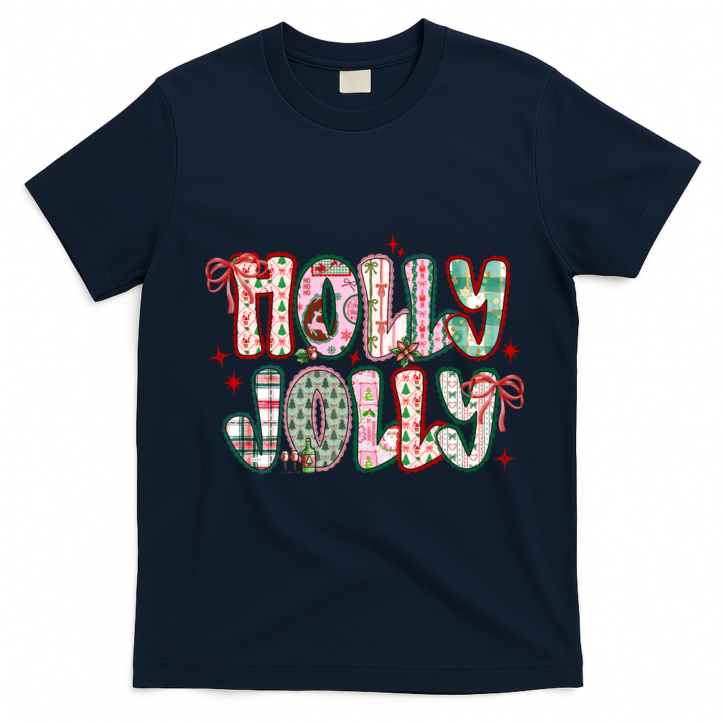 Preppy Holly Jolly Christmas Festive T-Shirt - Navy Blue
