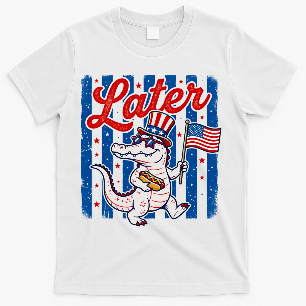 Patriotic Later Alligator USA American  Flag Fourth Of July 250th Anniversary T-Shirt - White