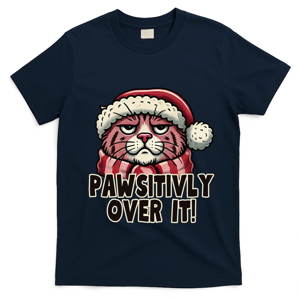 Pawsitively Over It Funny Grumpy Cat Christmas Great Gift T-Shirt - Navy Blue