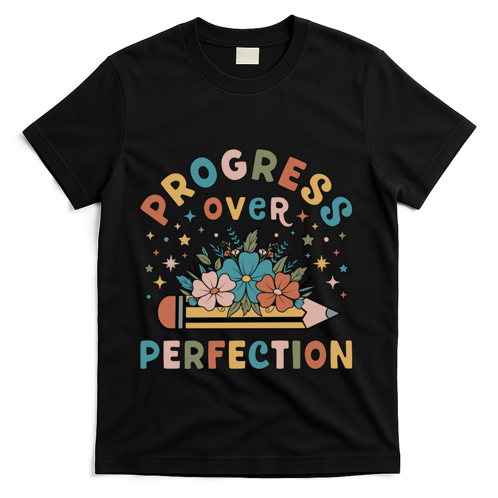 Progress Over Perfection | Teacher Wildflower Back To School T-Shirt - Black