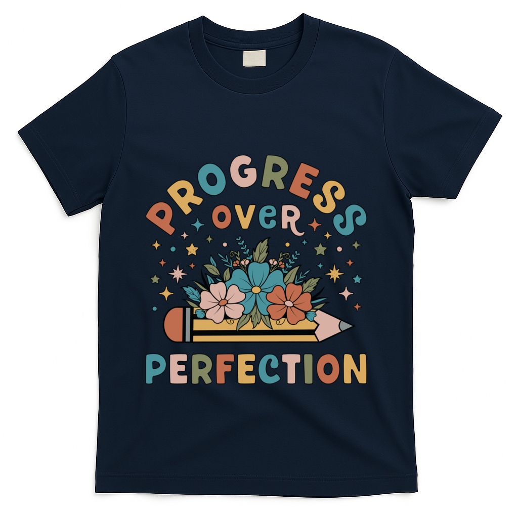 Progress Over Perfection | Teacher Wildflower Back To School T-Shirt - Navy