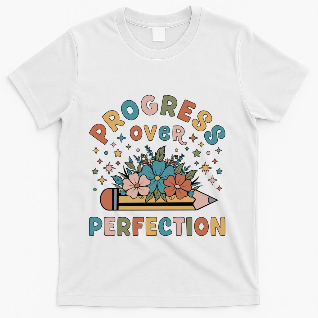 Progress Over Perfection | Teacher Wildflower Back To School T-Shirt - White