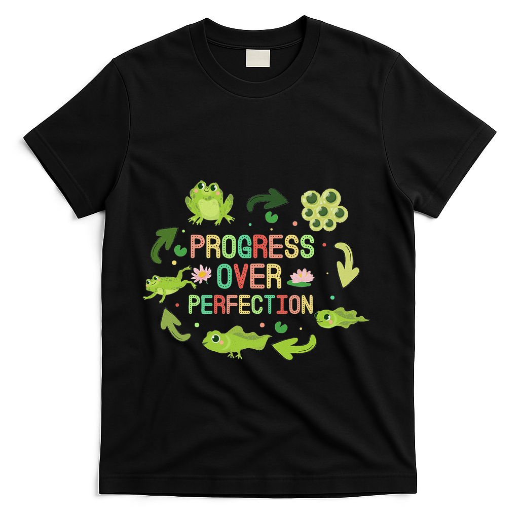 Progress Over Perfection Frog Back To School Teacher T-Shirt - Black