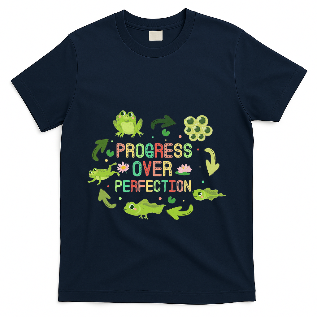 Progress Over Perfection Frog Back To School Teacher T-Shirt - Navy