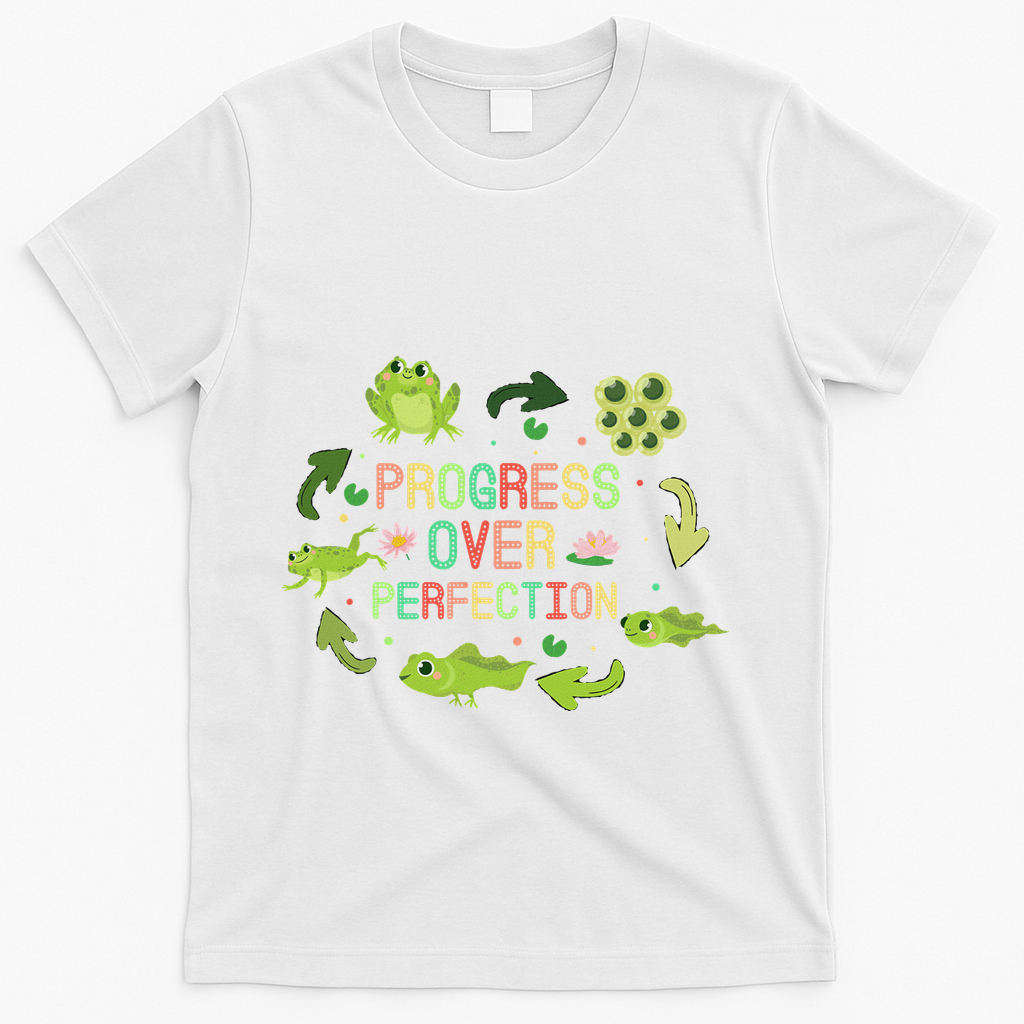 Progress Over Perfection Frog Back To School Teacher T-Shirt - White