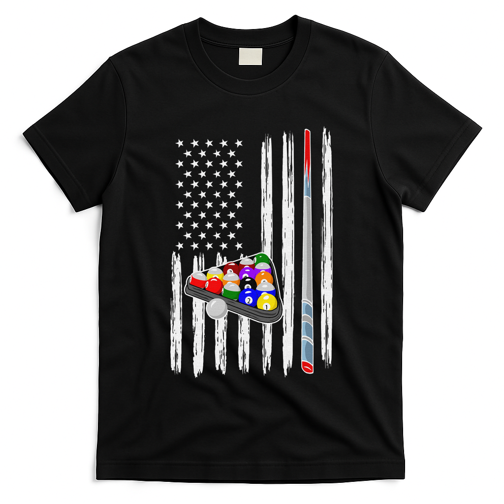 Pool Player Billiards Cue Balls Distressed American Flag T-Shirt