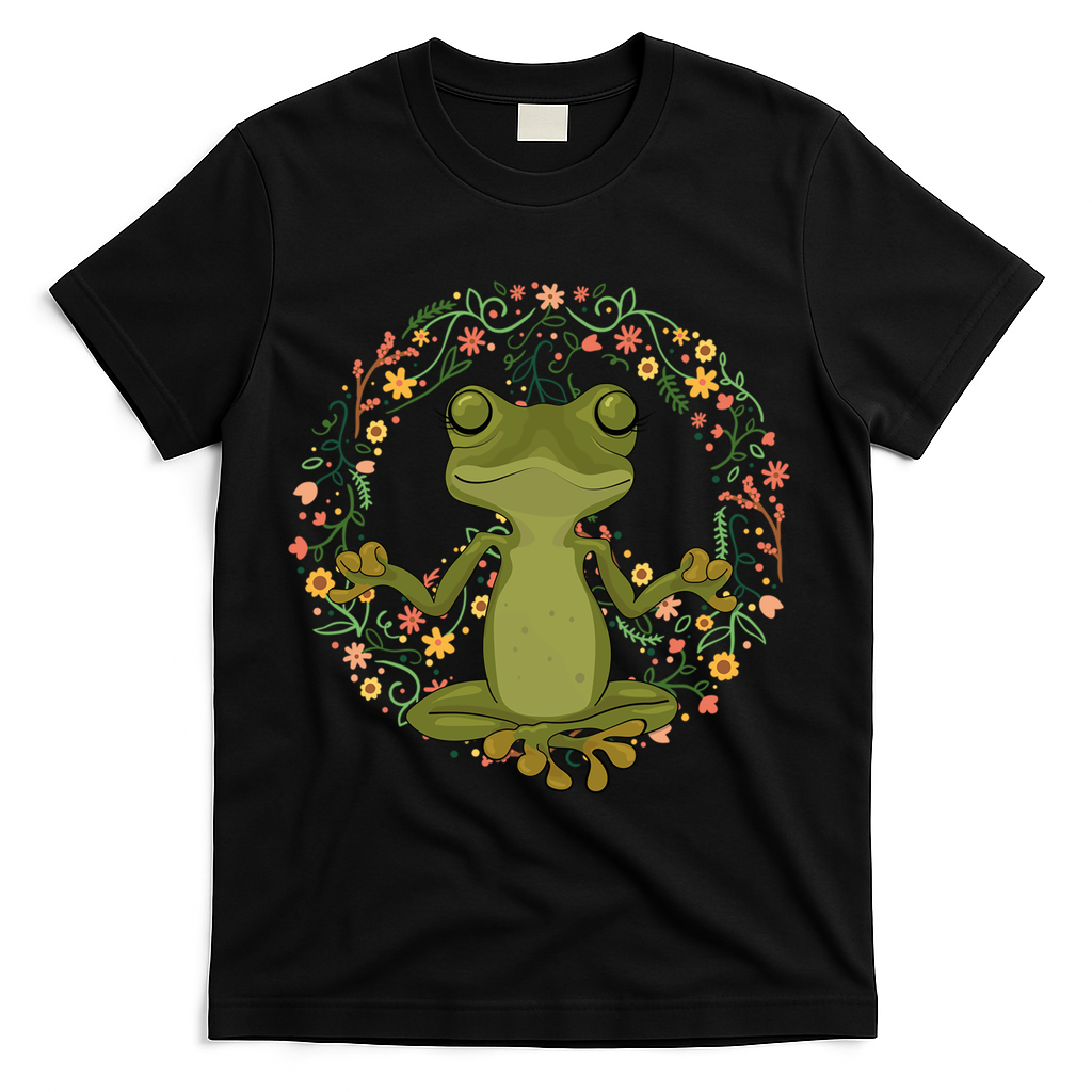 Peace Sign Yoga Frogs Cool Peace Frog Floral T-Shirt - Black