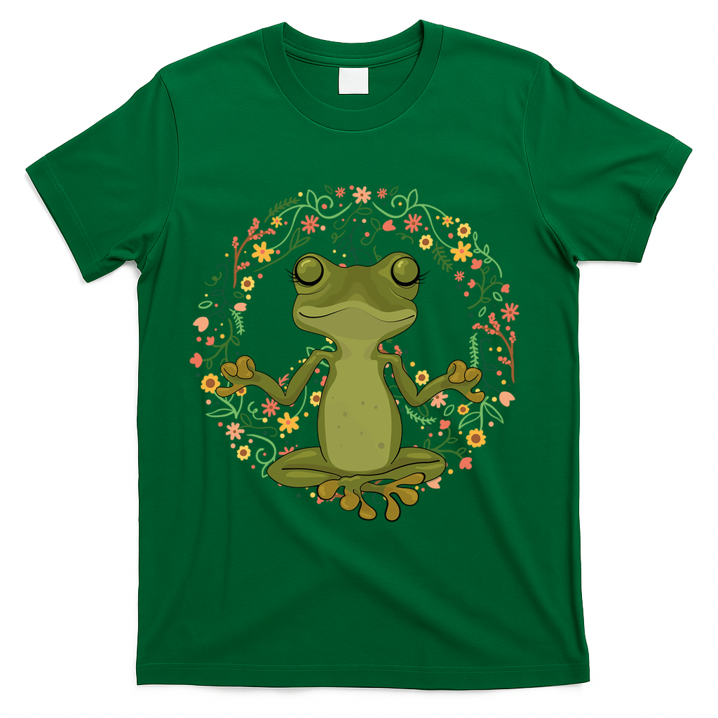 Peace Sign Yoga Frogs Cool Peace Frog Floral T-Shirt - Green