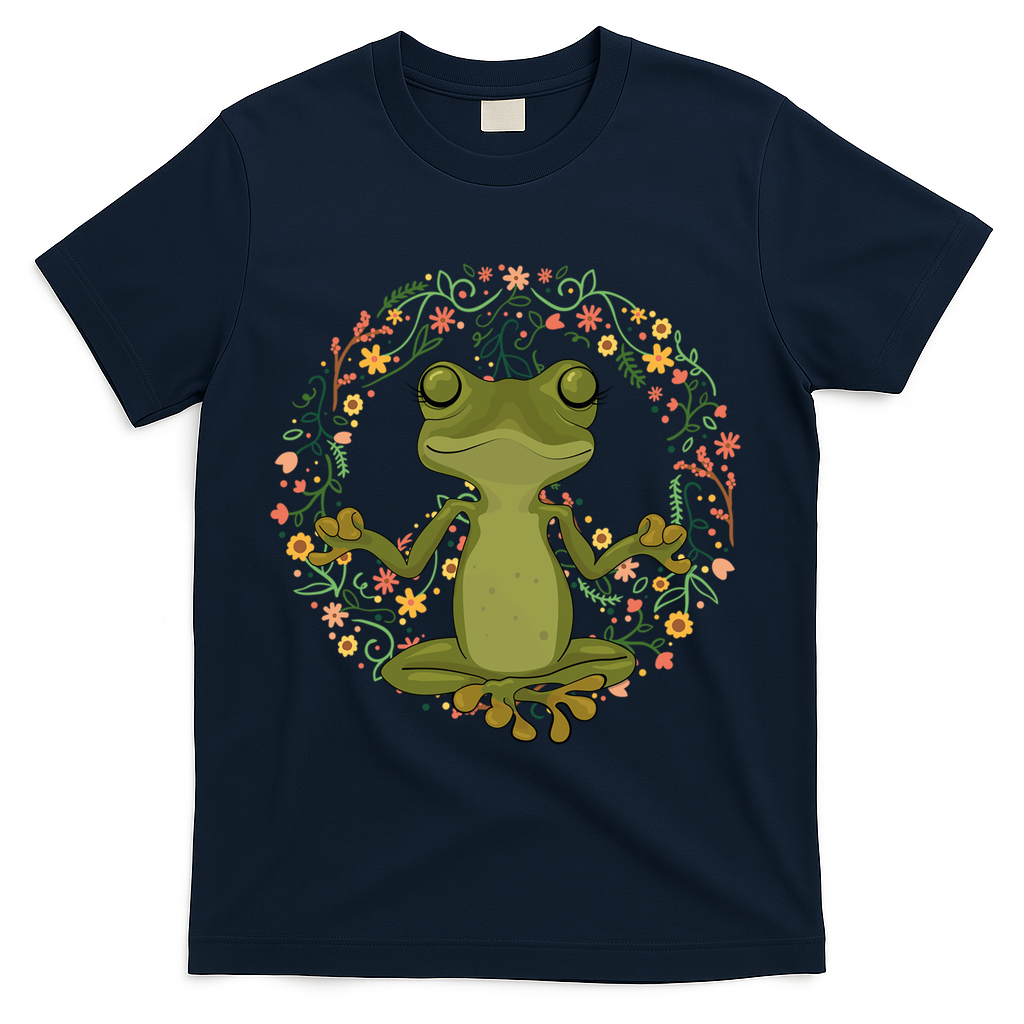 Peace Sign Yoga Frogs Cool Peace Frog Floral T-Shirt - Navy