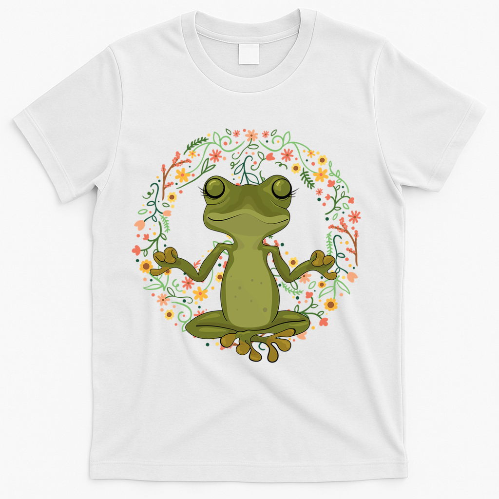 Peace Sign Yoga Frogs Cool Peace Frog Floral T-Shirt - White