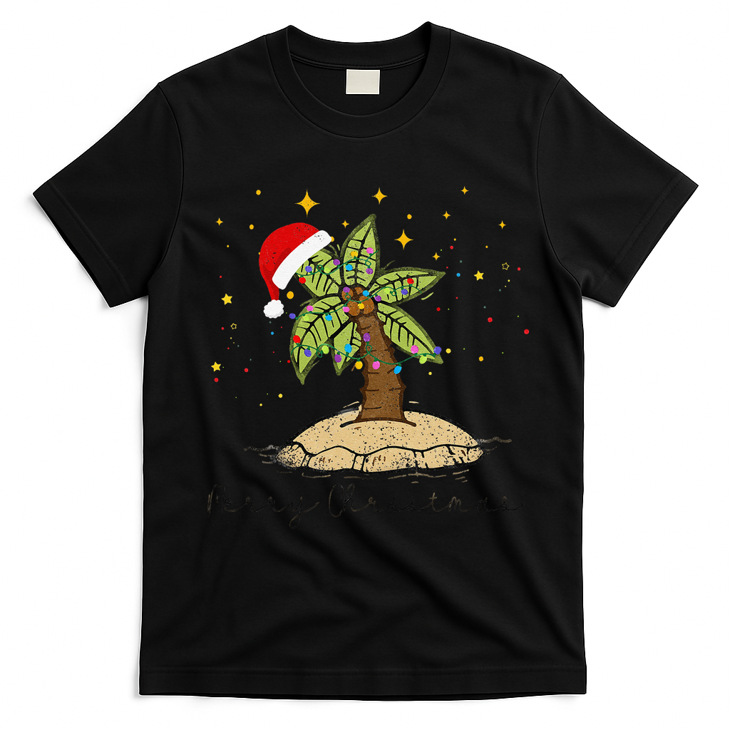 Palm Tree Christmas Light Santa Hawaiian Beach Xmas T-Shirt - Black