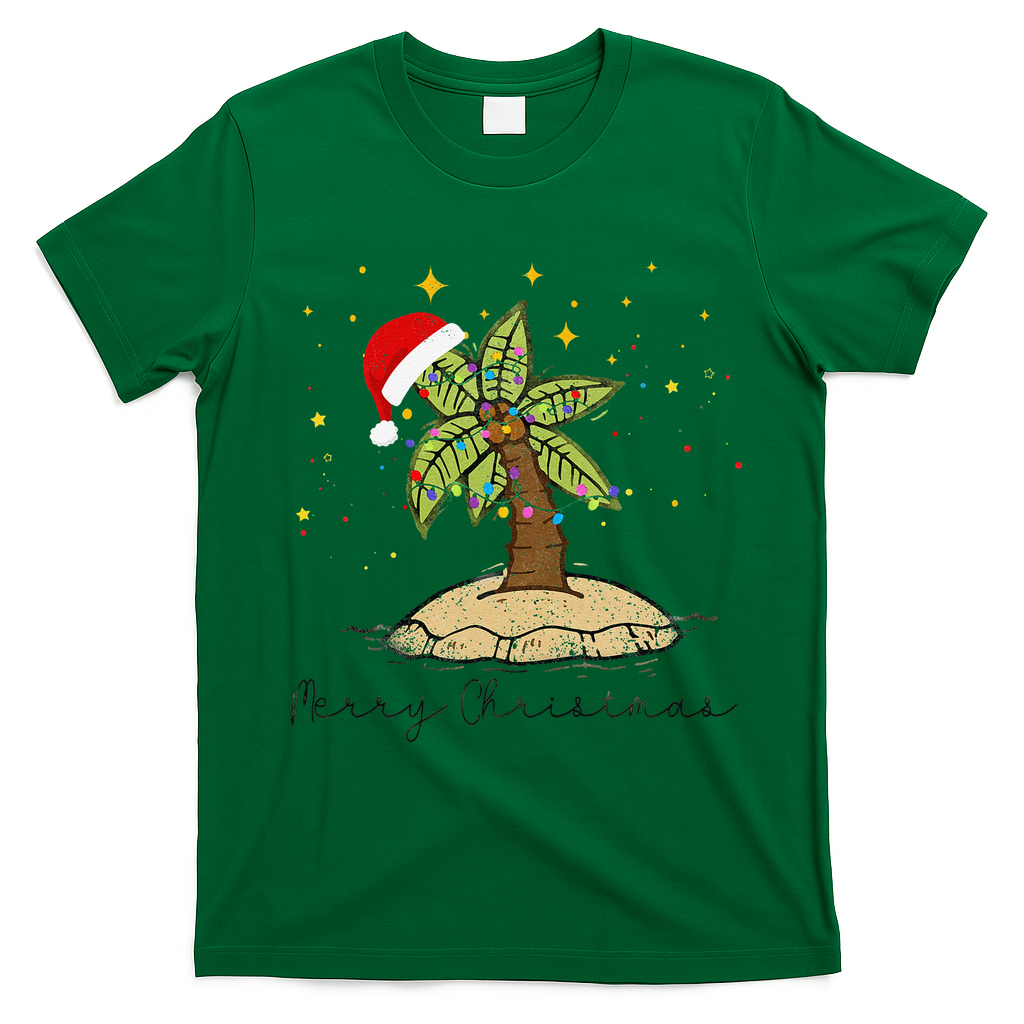 Palm Tree Christmas Light Santa Hawaiian Beach Xmas T-Shirt - Irish Green