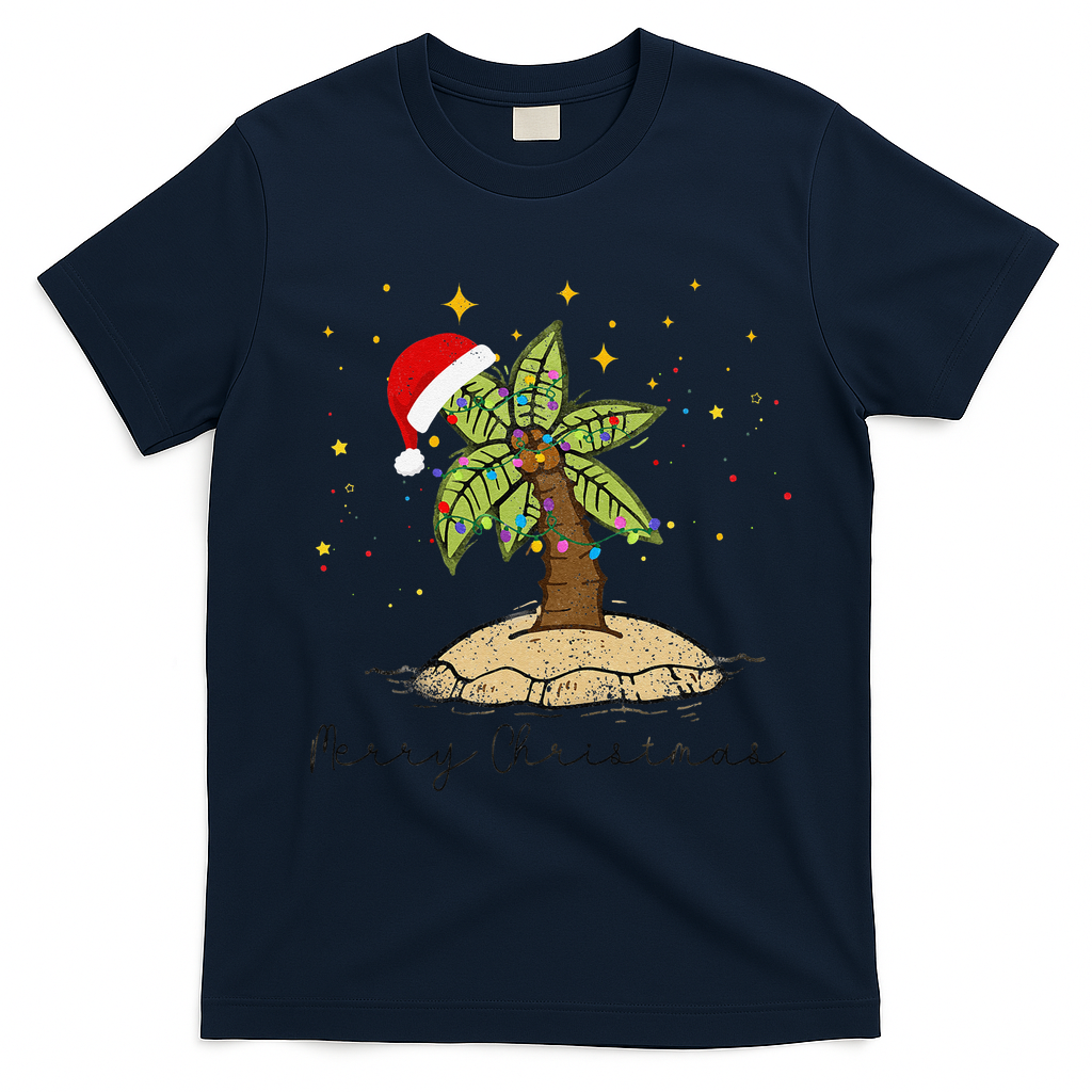 Palm Tree Christmas Light Santa Hawaiian Beach Xmas T-Shirt - Navy Blue