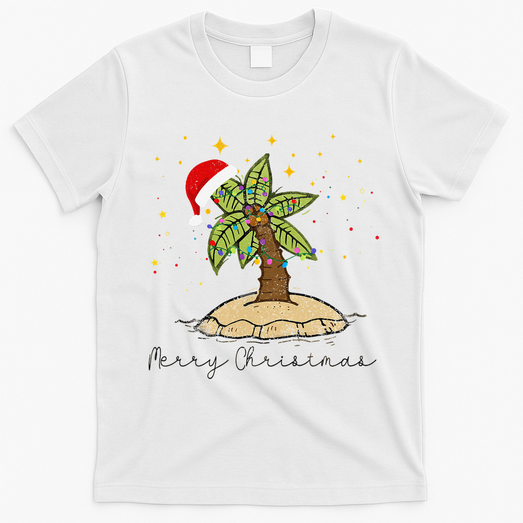 Palm Tree Christmas Light Santa Hawaiian Beach Xmas T-Shirt - White