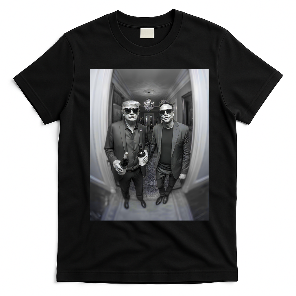 President Trump Elon Musk Funny Meme Knocking On Door T-Shirt - Black