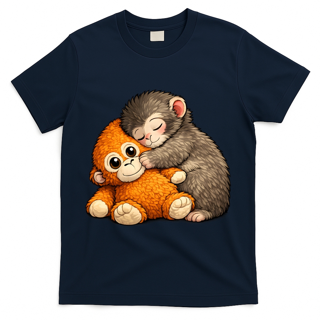 Punch The Monkey Cuddling Stuffed Animal T-Shirt - Navy