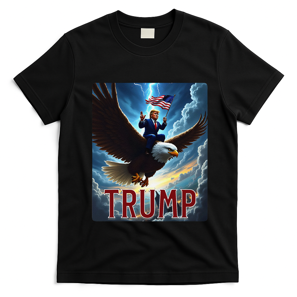 President Trump Riding An Eagle. Patriotic Political T-Shirt - Black