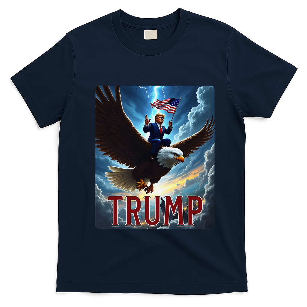 President Trump Riding An Eagle. Patriotic Political T-Shirt - Navy Blue