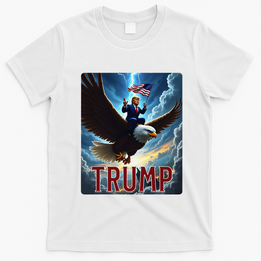 President Trump Riding An Eagle. Patriotic Political T-Shirt - White
