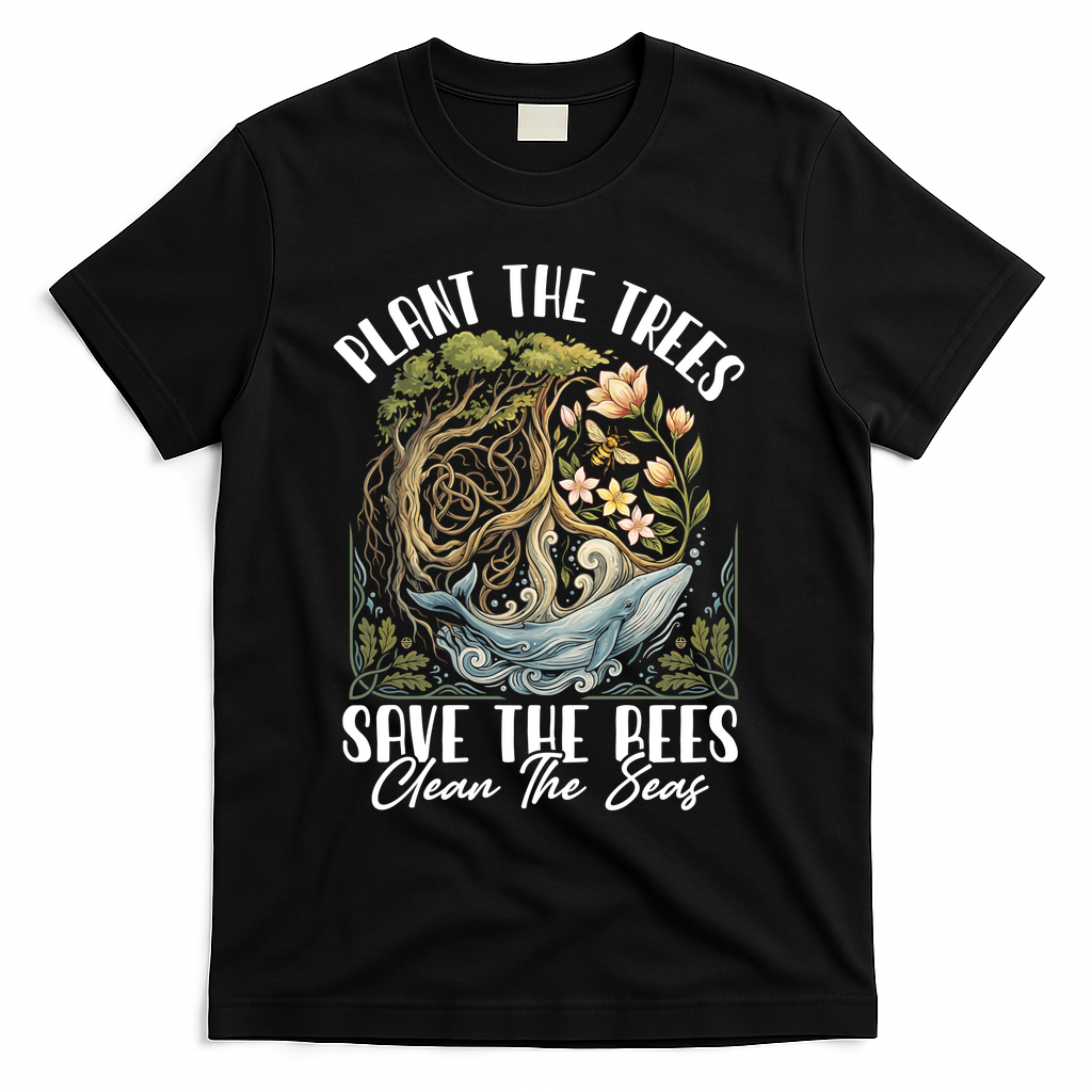 Plant The Trees Save The Bees Peace Sign Earth T-Shirt - Black
