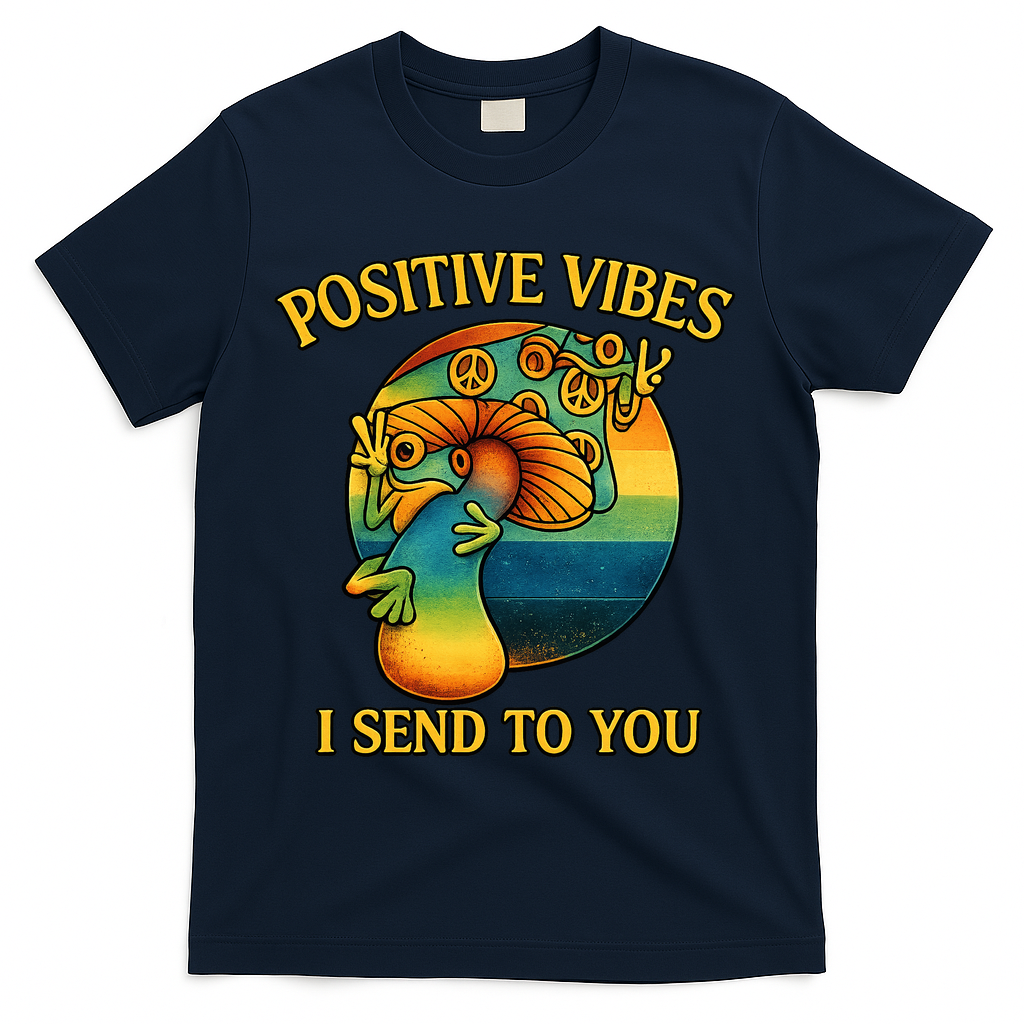 Positive Vibes I Send To You Retro Frog Peace Sign T-Shirt - Navy