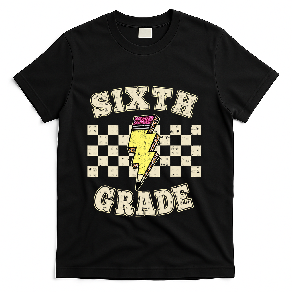 Retro 6th Sixth Grade Teacher Lightning Bolt Pencil Teacher T-Shirt - Black