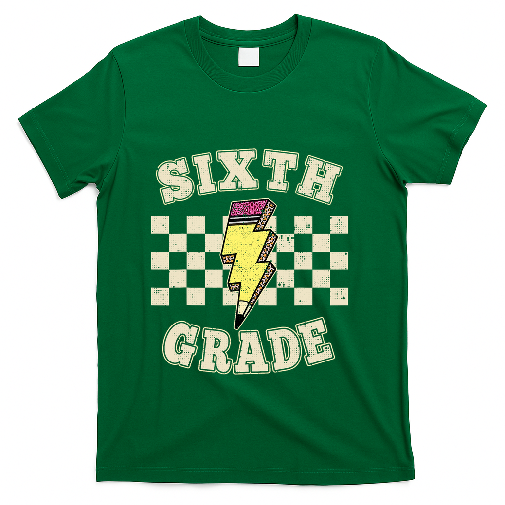 Retro 6th Sixth Grade Teacher Lightning Bolt Pencil Teacher T-Shirt - Green