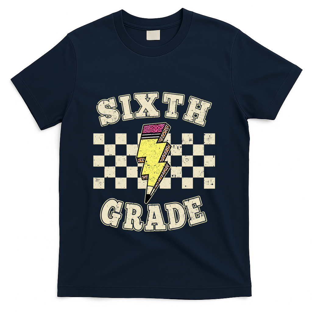 Retro 6th Sixth Grade Teacher Lightning Bolt Pencil Teacher T-Shirt - Navy