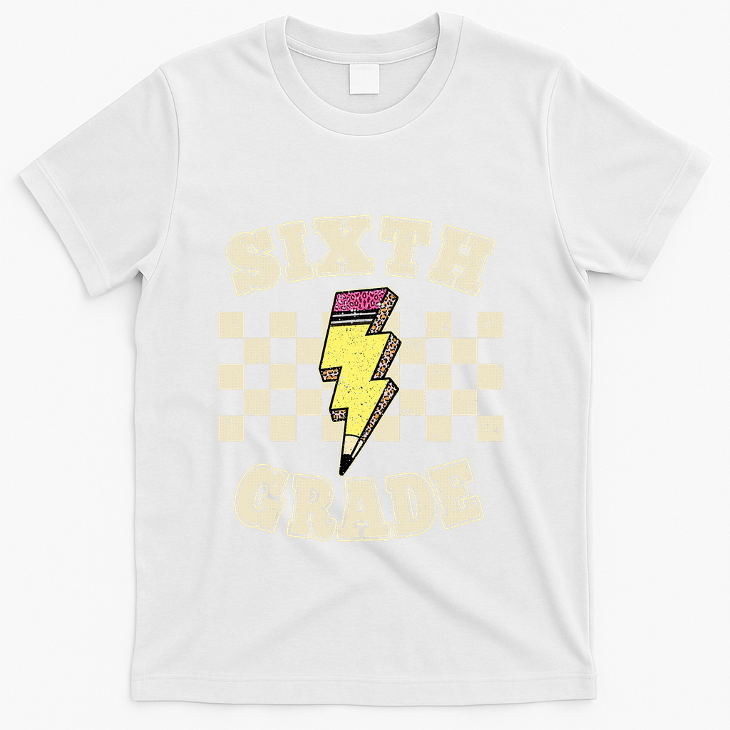 Retro 6th Sixth Grade Teacher Lightning Bolt Pencil Teacher T-Shirt - White