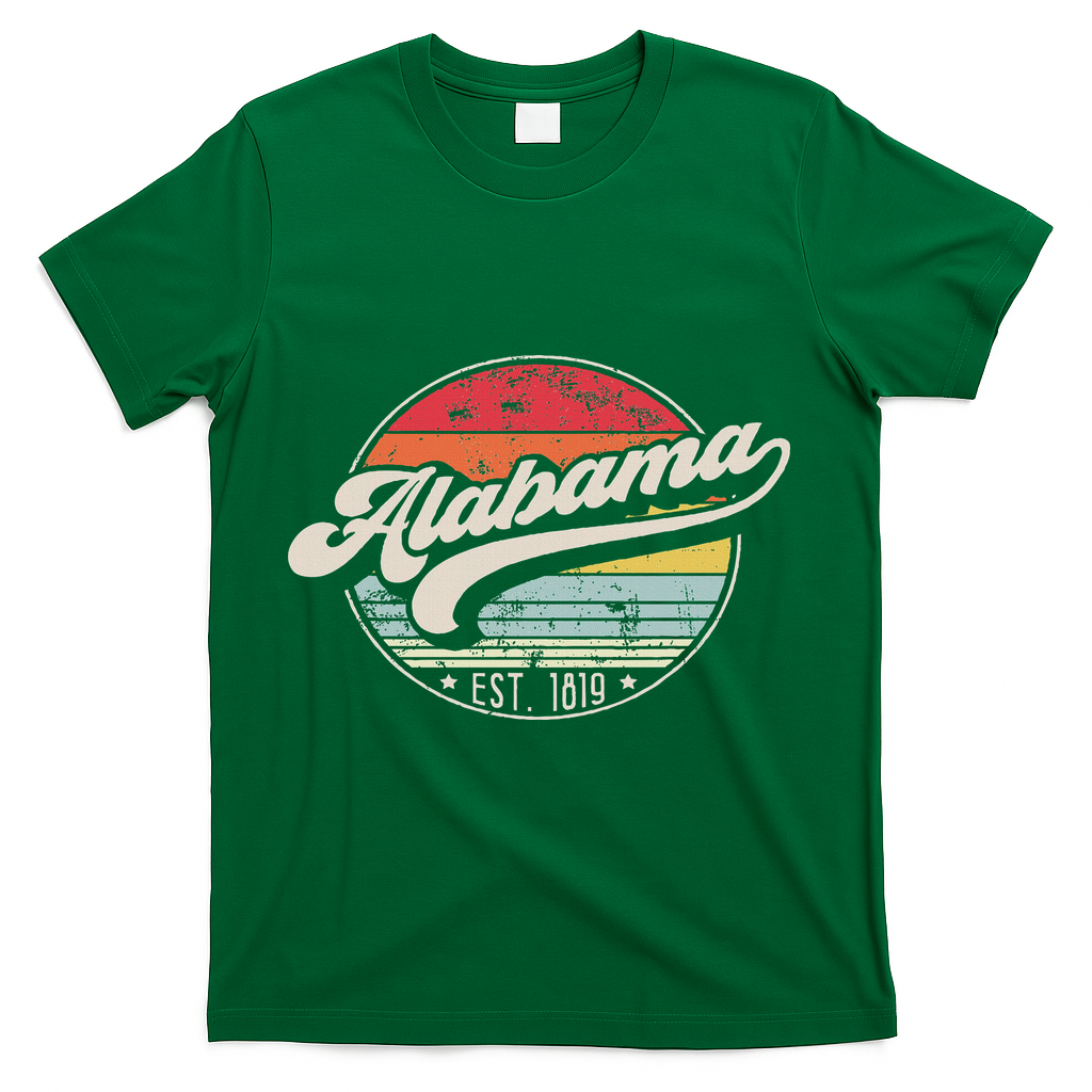 Retro Alabama Home State Al Cool 70s Style Sunset T-Shirt - Green