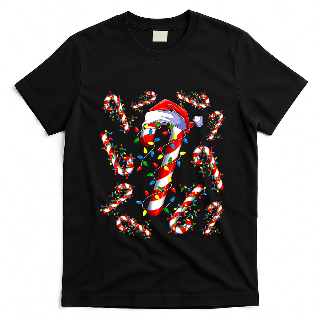 Red And White Candy Cane Santa Christmas Funny Xmas Lights Funny Gift T-Shirt - Black