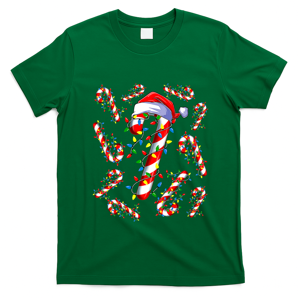 Red And White Candy Cane Santa Christmas Funny Xmas Lights Funny Gift T-Shirt - Irish Green