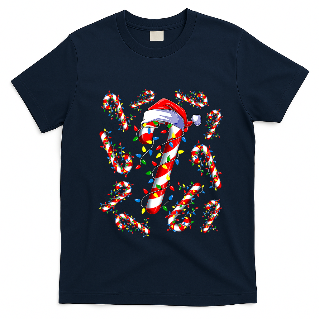 Red And White Candy Cane Santa Christmas Funny Xmas Lights Funny Gift T-Shirt - Navy Blue