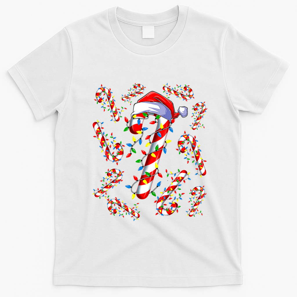 Red And White Candy Cane Santa Christmas Funny Xmas Lights Funny Gift T-Shirt - White