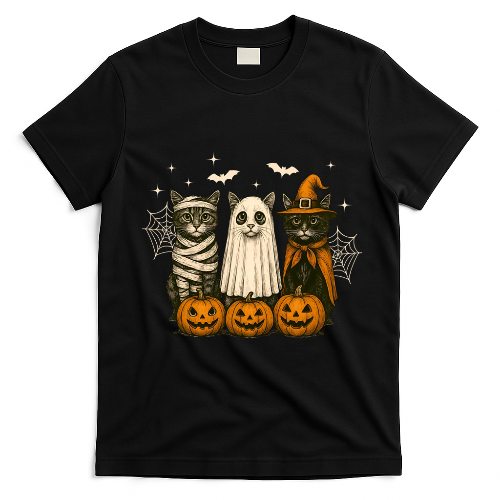 Retro Black Cat Witch Scary Halloween Pumpkin Spooky T-Shirt - Black