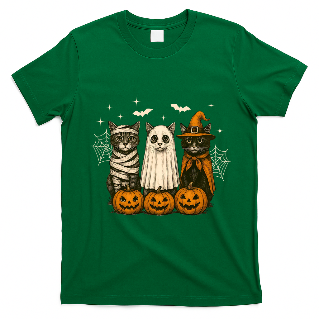 Retro Black Cat Witch Scary Halloween Pumpkin Spooky T-Shirt - Irish Green