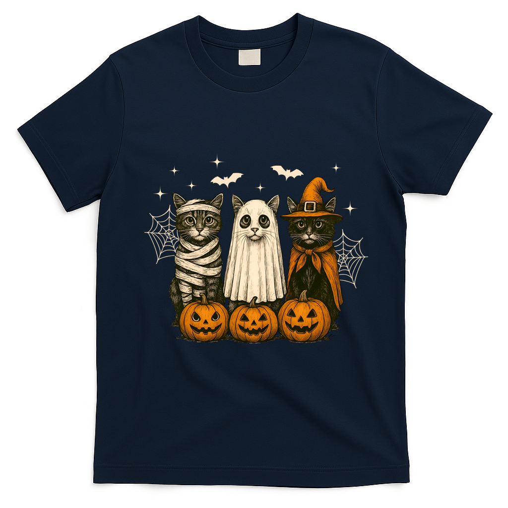 Retro Black Cat Witch Scary Halloween Pumpkin Spooky T-Shirt - Navy Blue
