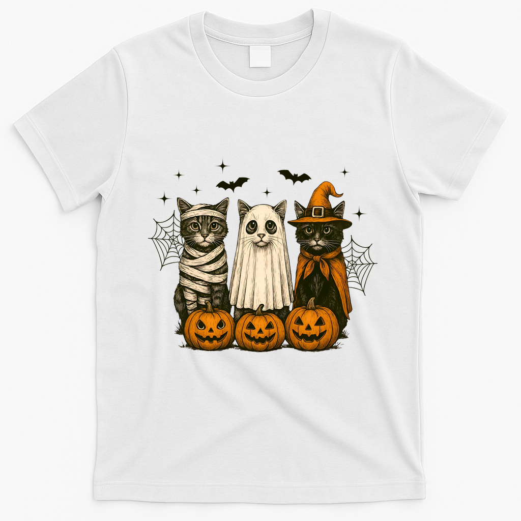 Retro Black Cat Witch Scary Halloween Pumpkin Spooky T-Shirt - White