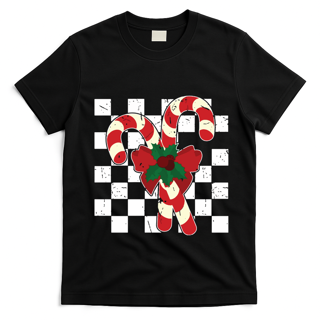 Retro Candy Cane Trendy Checkered Christmas Holiday T-Shirt - Black