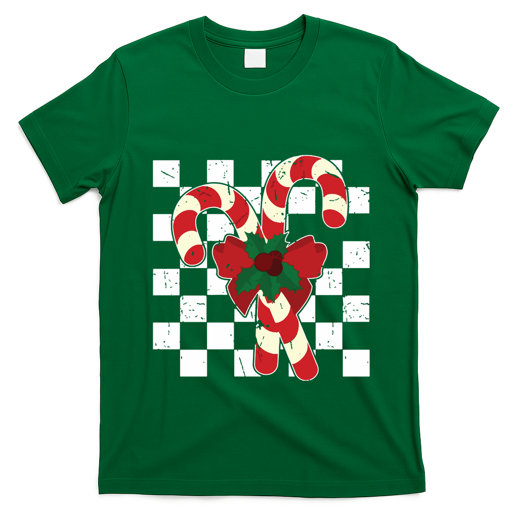 Retro Candy Cane Trendy Checkered Christmas Holiday T-Shirt - Irish Green