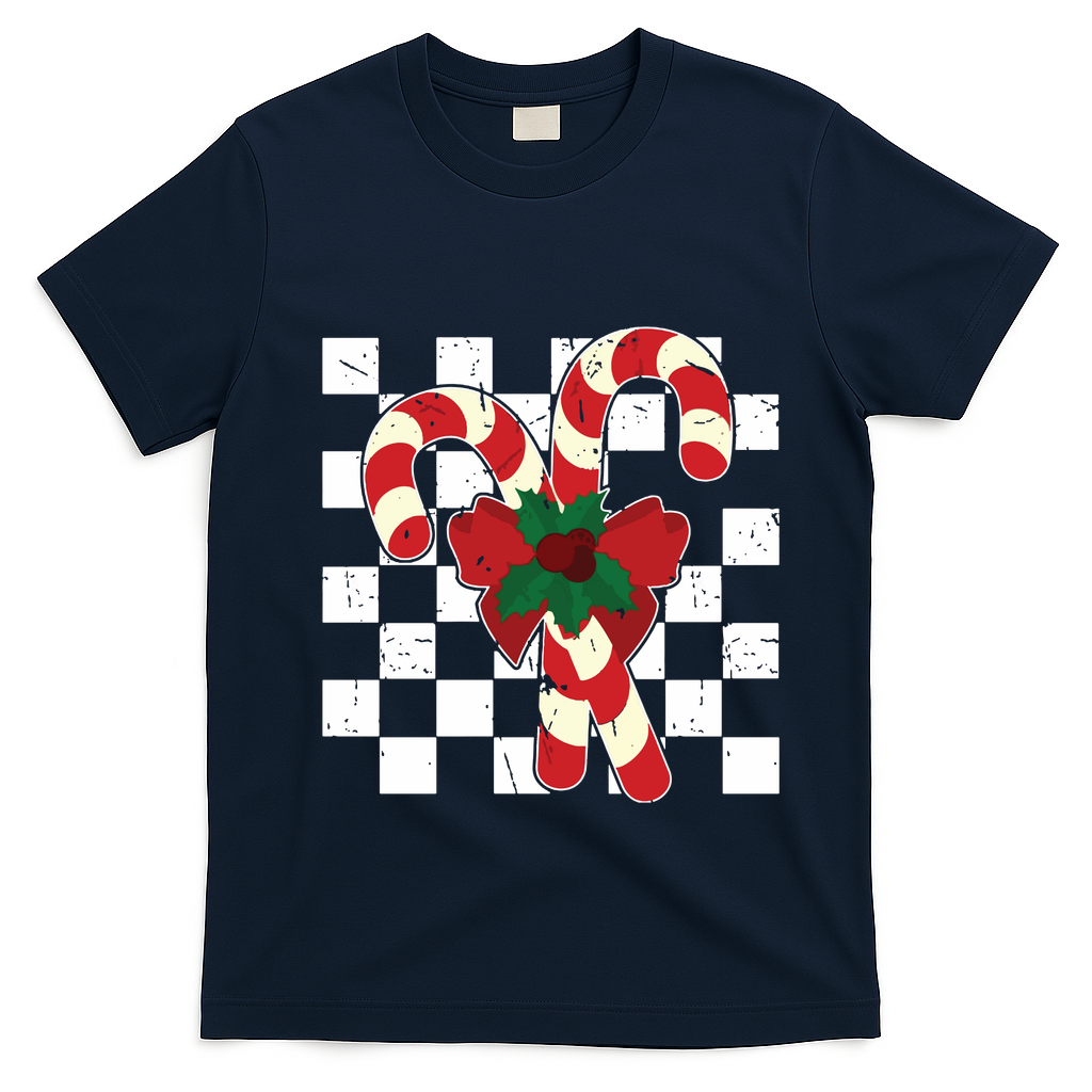 Retro Candy Cane Trendy Checkered Christmas Holiday T-Shirt - Navy Blue