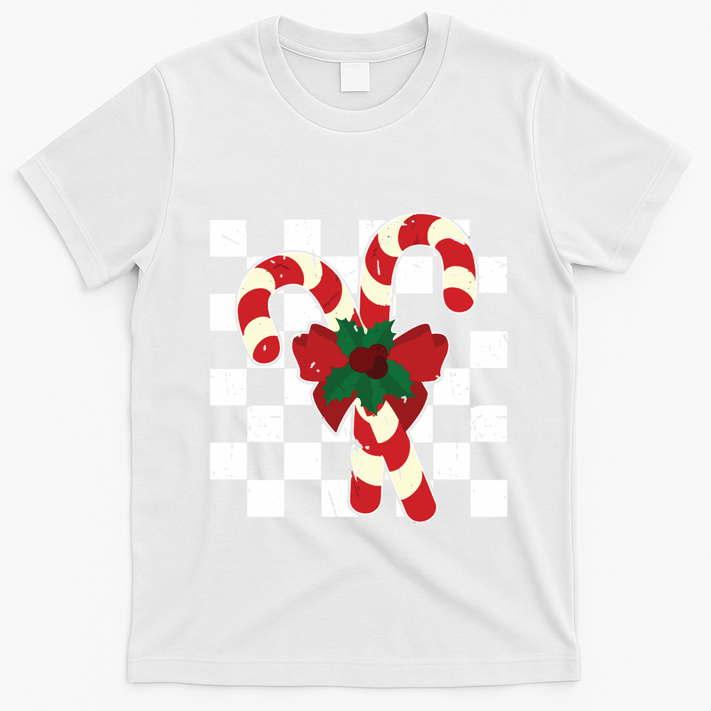 Retro Candy Cane Trendy Checkered Christmas Holiday T-Shirt - White